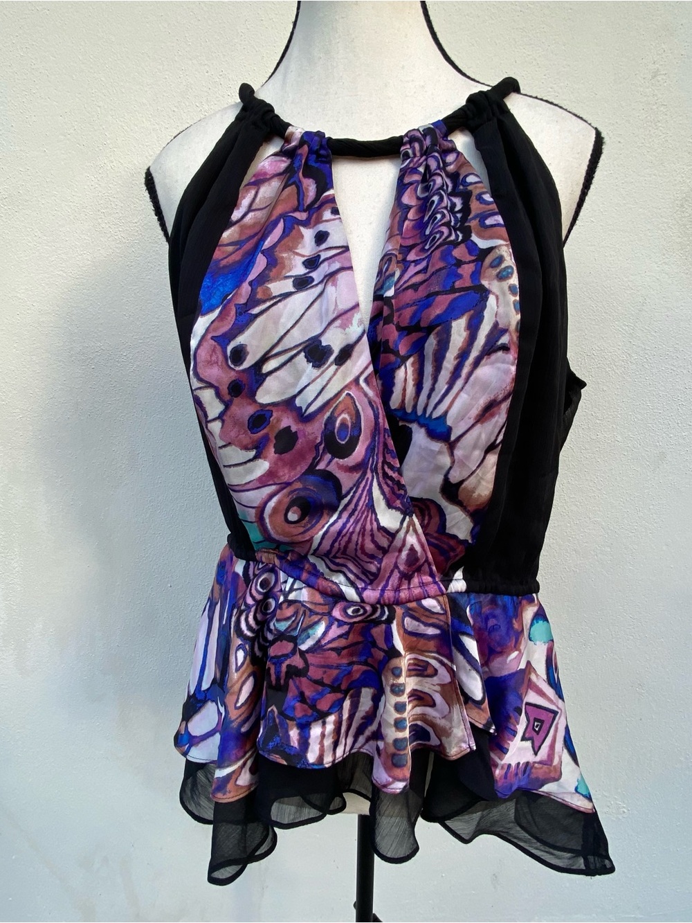 Y2K bebe Purple & Black Cutout Butterfly Graphic Semi Sheer Halter Blouse Size L